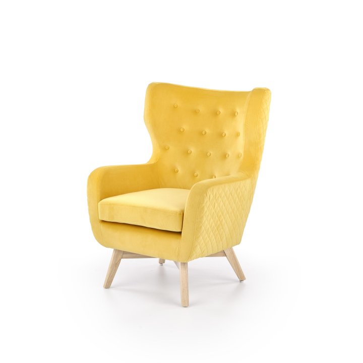 Fotel do salonu, klasyczny, tradycyjny, typu uszak, żółta tapicerka, nóżki drewniane, oparcie pikowane