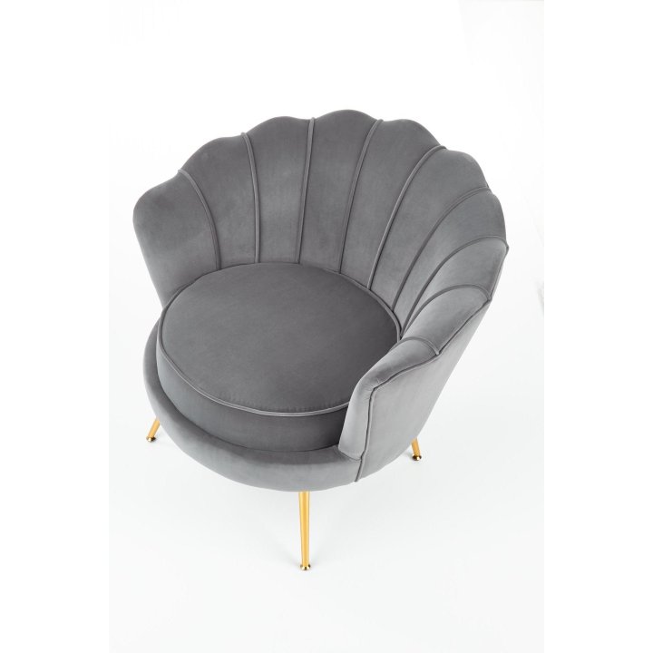 Fotel do salonu, glamour, w kształcie muszli, popielaty ze złotymi nóżkami, tkanina velvet