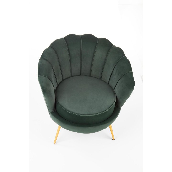Fotel do salonu, glamour, w kształcie muszli, ciemny zielony ze złotymi nóżkami, tkanina velvet