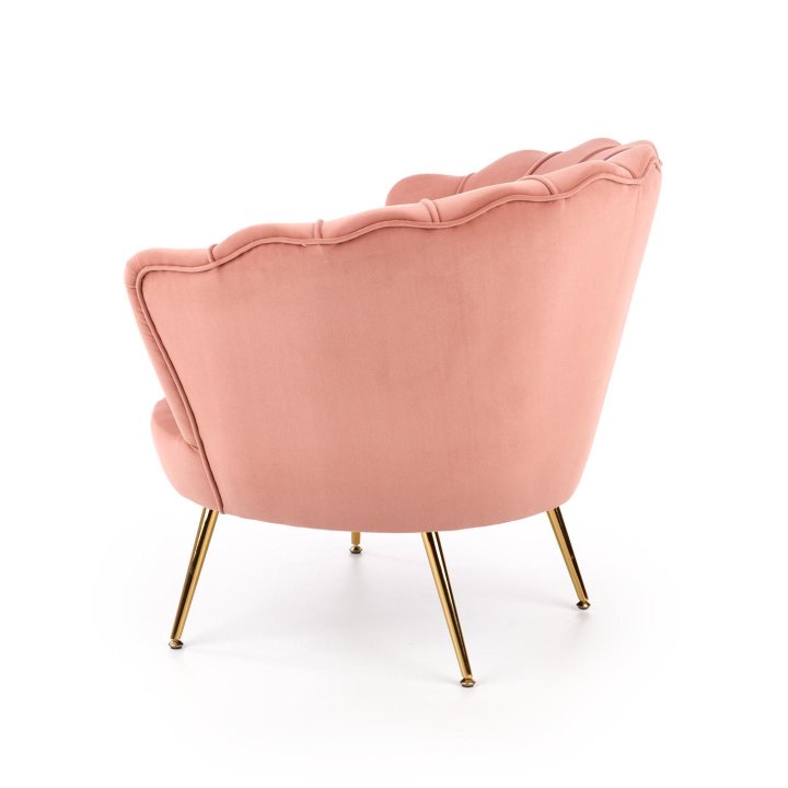 Fotel do salonu, glamour, w kształcie muszli, jasny różowy ze złotymi nóżkami, tkanina velvet
