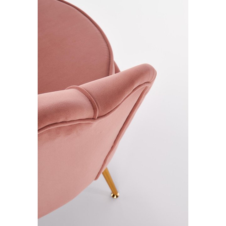 Fotel do salonu, glamour, w kształcie muszli, jasny różowy ze złotymi nóżkami, tkanina velvet