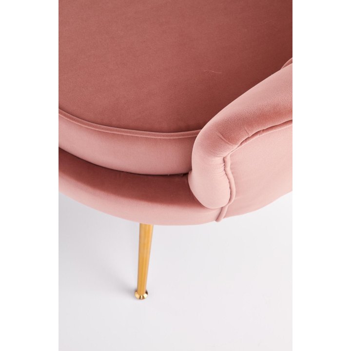 Fotel do salonu, glamour, w kształcie muszli, jasny różowy ze złotymi nóżkami, tkanina velvet