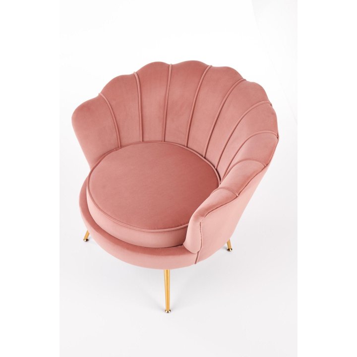 Fotel do salonu, glamour, w kształcie muszli, jasny różowy ze złotymi nóżkami, tkanina velvet