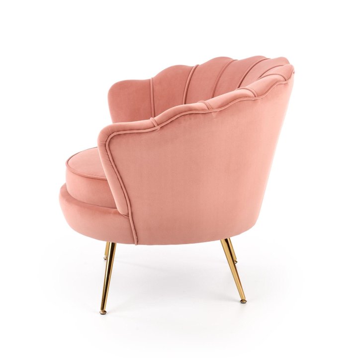 Fotel do salonu, glamour, w kształcie muszli, jasny różowy ze złotymi nóżkami, tkanina velvet