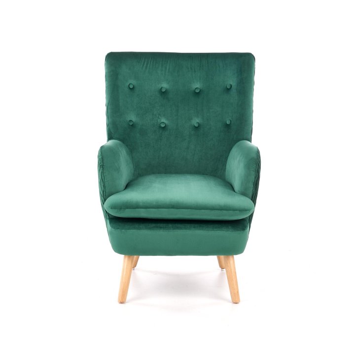 Fotel do salonu klasyczny, kolor ciemny zielony, nóżki drewniane naturalne