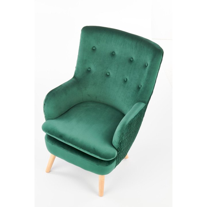 Fotel do salonu klasyczny, kolor ciemny zielony, nóżki drewniane naturalne