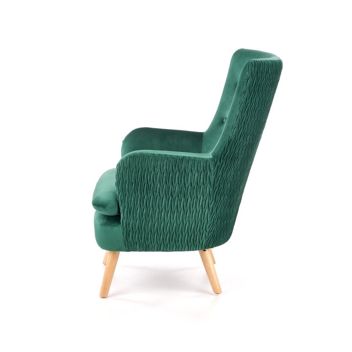 Fotel do salonu klasyczny, kolor ciemny zielony, nóżki drewniane naturalne