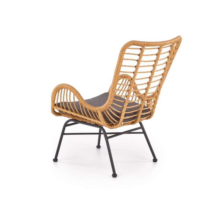 Fotel do salonu, boho, skandynawski, kolor naturalny, stelaż czarny szara poduszka, rattan syntetyczny