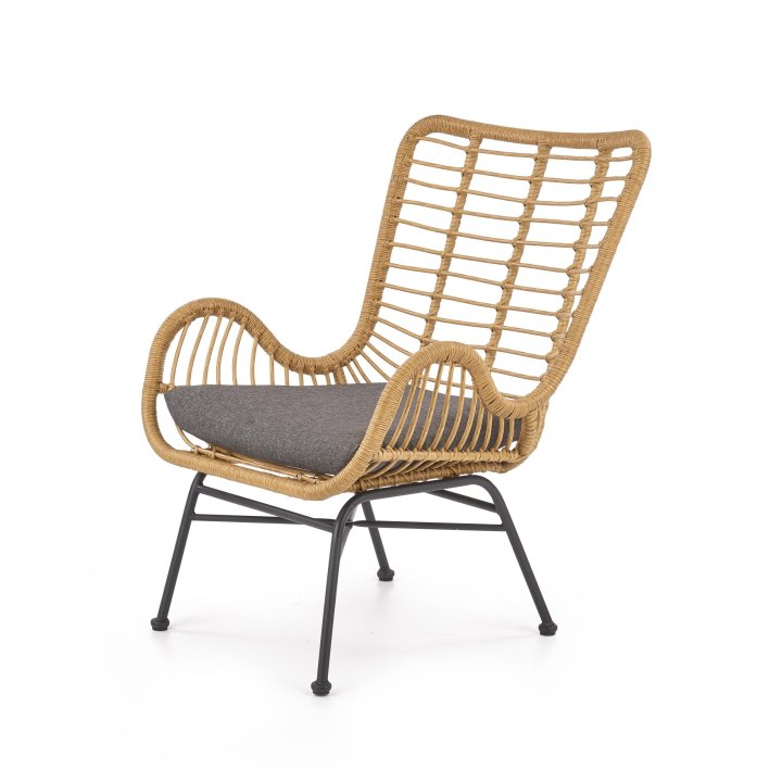 Fotel do salonu, boho, skandynawski, kolor naturalny, stelaż czarny szara poduszka, rattan syntetyczny