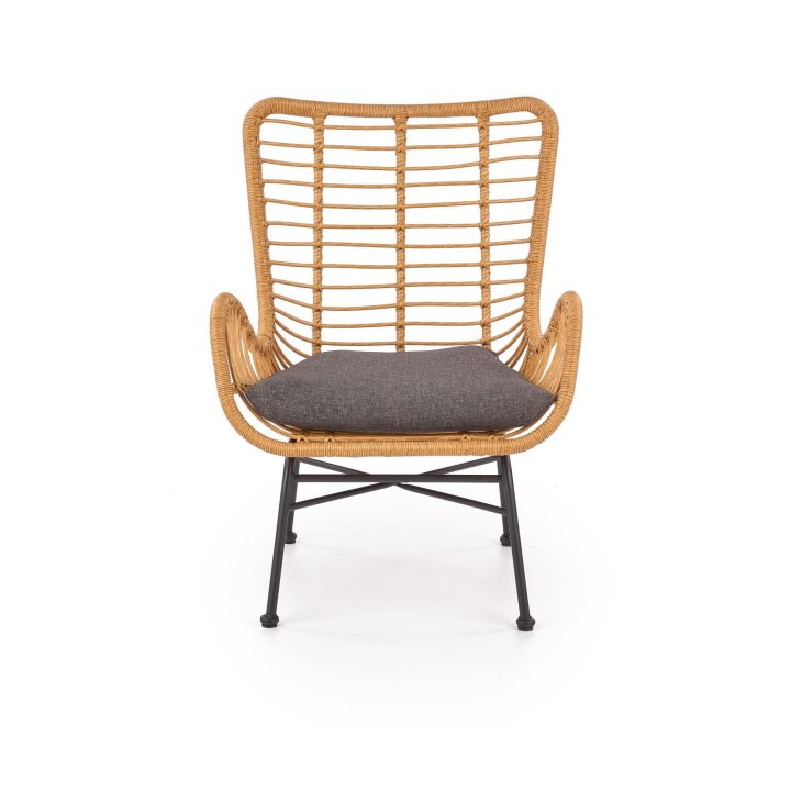 Fotel do salonu, boho, skandynawski, kolor naturalny, stelaż czarny szara poduszka, rattan syntetyczny