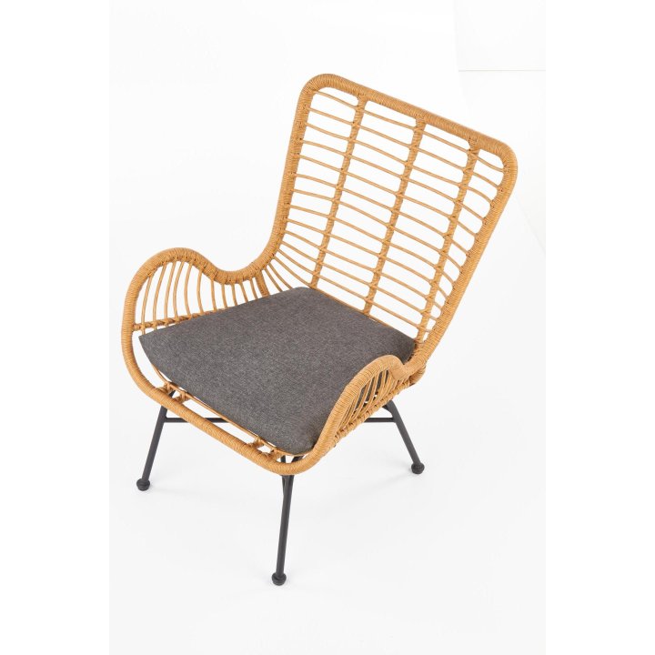 Fotel do salonu, boho, skandynawski, kolor naturalny, stelaż czarny szara poduszka, rattan syntetyczny