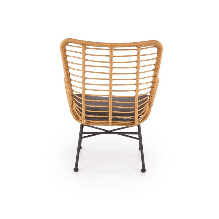 Fotel do salonu, boho, skandynawski, kolor naturalny, stelaż czarny szara poduszka, rattan syntetyczny