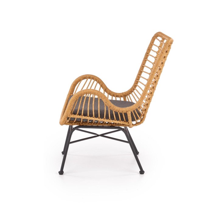 Fotel do salonu, boho, skandynawski, kolor naturalny, stelaż czarny szara poduszka, rattan syntetyczny