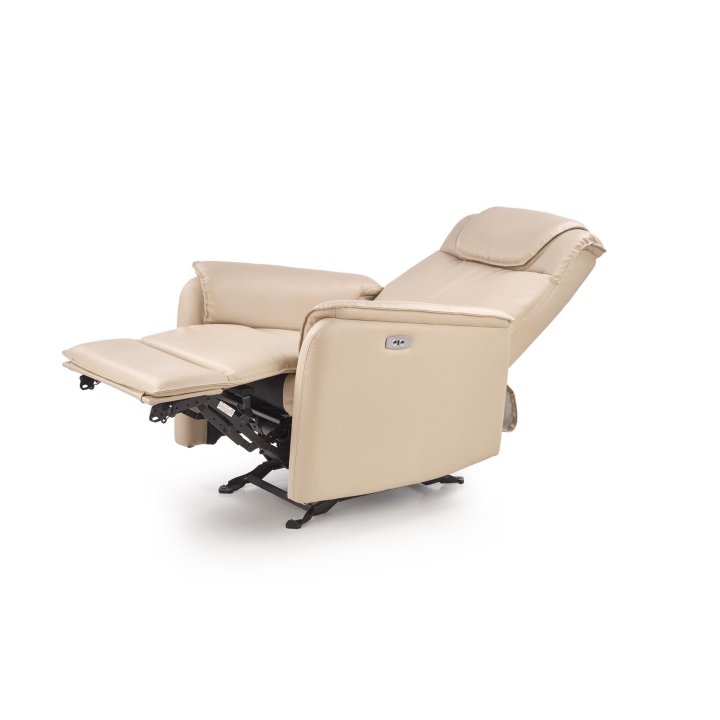 Fotel do salonu, funkcja relax, beżowa ekoskóra, funkcja kołyski i elektryczngo rozkładania