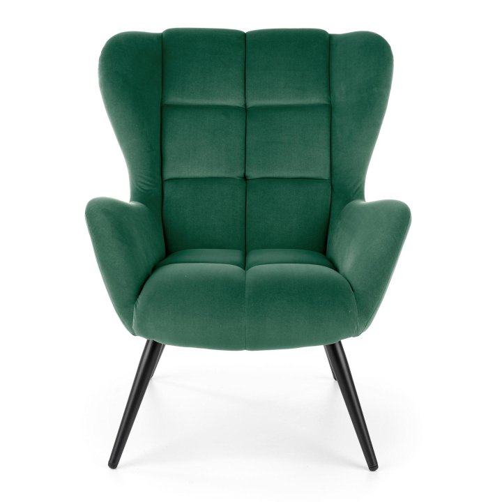 Fotel do salonu nowoczesny, kolor ciemny zielony, nóżki czarny metal