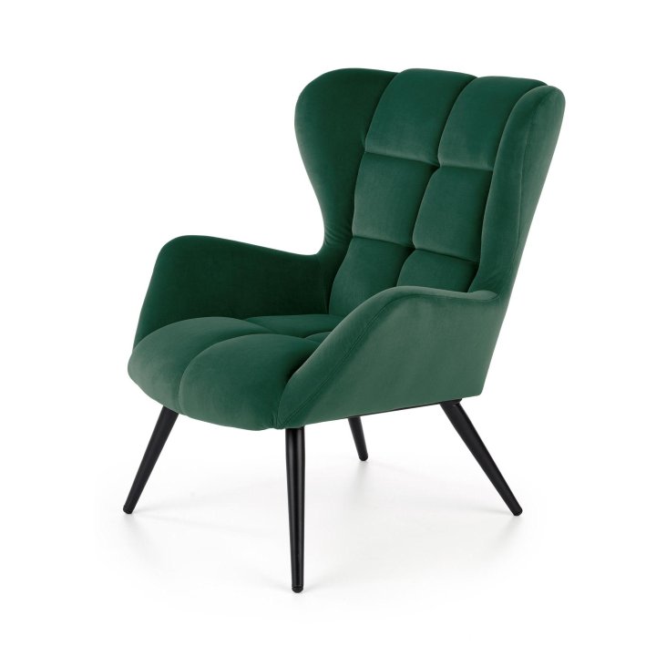 Fotel do salonu nowoczesny, kolor ciemny zielony, nóżki czarny metal