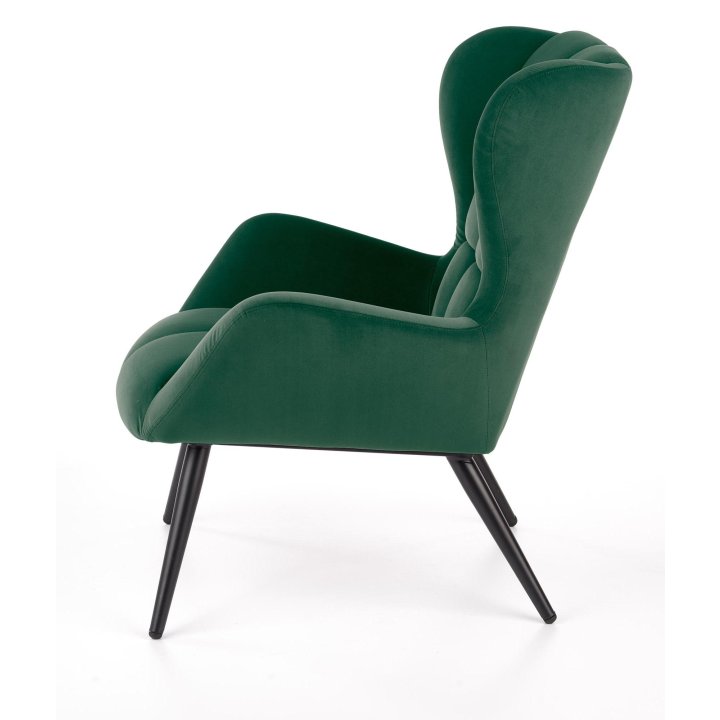 Fotel do salonu nowoczesny, kolor ciemny zielony, nóżki czarny metal