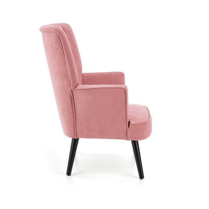 Fotel do salonu klasyczny, tkanina velvet, kolor różowy i nóżki drewniane w kolorze czarnym