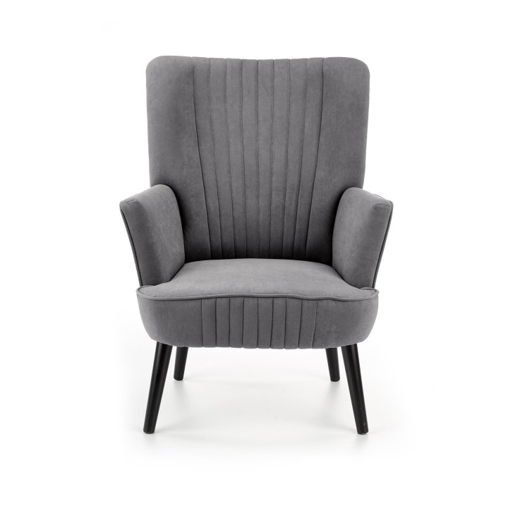 Fotel do salonu klasyczny, tkanina velvet, kolor popielaty i nóżki drewniane w kolorze czarnym