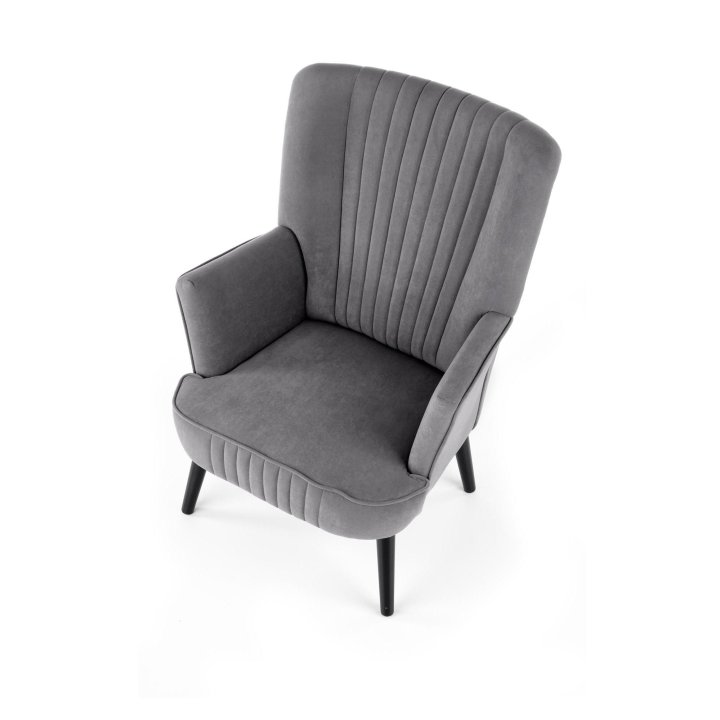 Fotel do salonu klasyczny, tkanina velvet, kolor popielaty i nóżki drewniane w kolorze czarnym