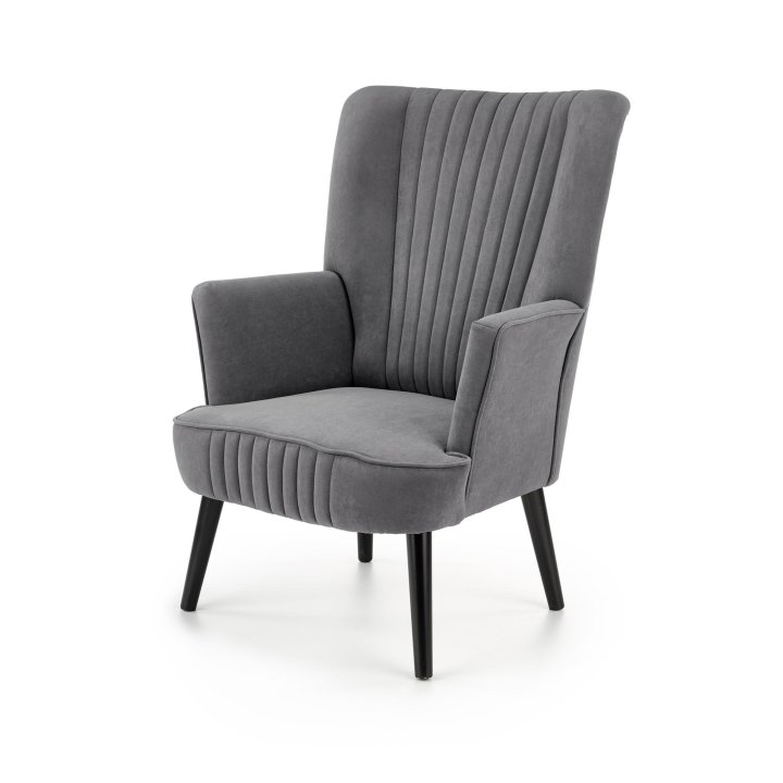 Fotel do salonu klasyczny, tkanina velvet, kolor popielaty i nóżki drewniane w kolorze czarnym