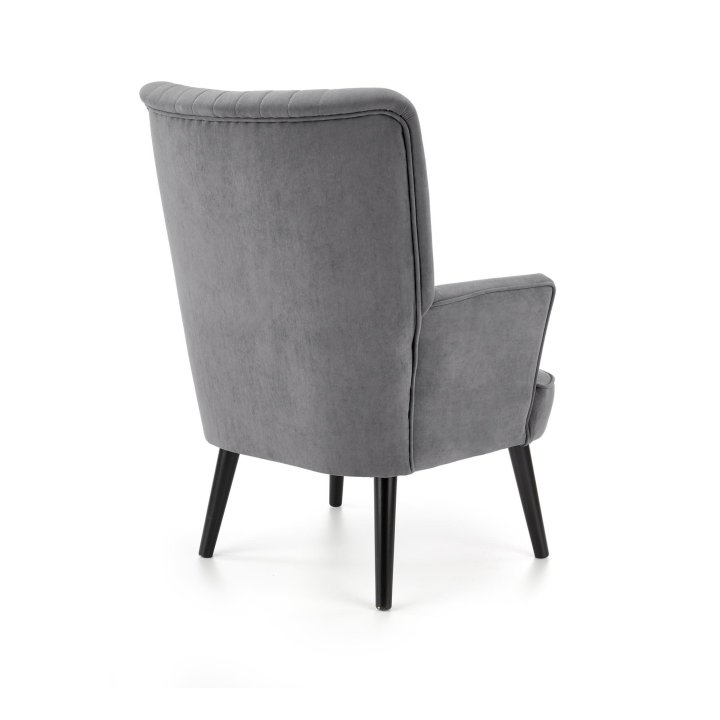 Fotel do salonu klasyczny, tkanina velvet, kolor popielaty i nóżki drewniane w kolorze czarnym