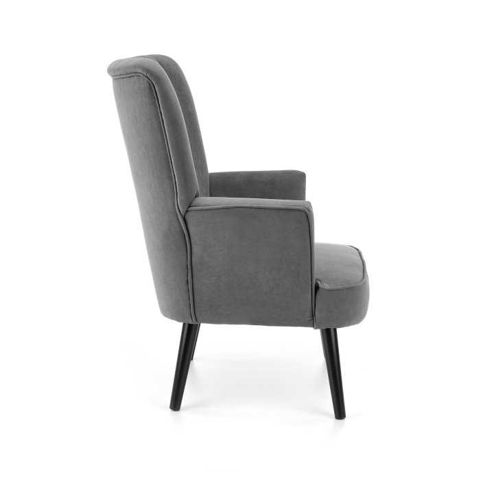 Fotel do salonu klasyczny, tkanina velvet, kolor popielaty i nóżki drewniane w kolorze czarnym