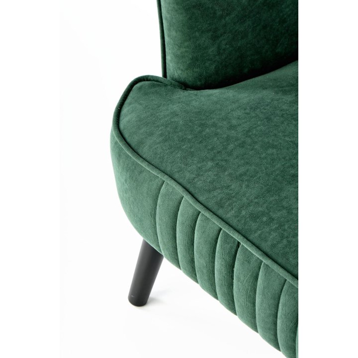 Fotel do salonu klasyczny, tkanina velvet, kolor ciemny zielony i nóżki drewniane w kolorze czarnym