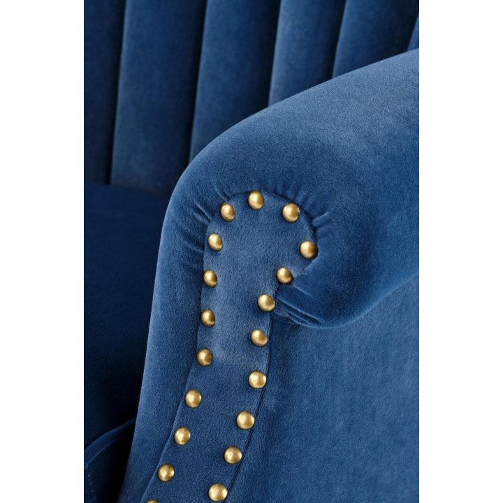 Fotel do salonu klasyczny, kolor granatowy, tkanina velvet, nóżki drewniane czarne