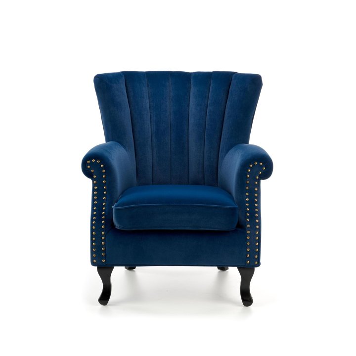 Fotel do salonu klasyczny, kolor granatowy, tkanina velvet, nóżki drewniane czarne