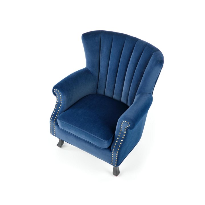 Fotel do salonu klasyczny, kolor granatowy, tkanina velvet, nóżki drewniane czarne