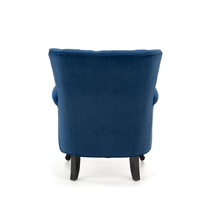 Fotel do salonu klasyczny, kolor granatowy, tkanina velvet, nóżki drewniane czarne