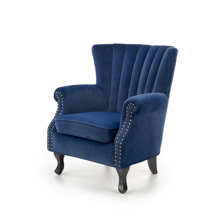 Fotel do salonu klasyczny, kolor granatowy, tkanina velvet, nóżki drewniane czarne