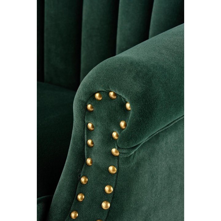Fotel do salonu klasyczny, kolor ciemny zielony, tkanina velvet, nóżki drewniane czarne