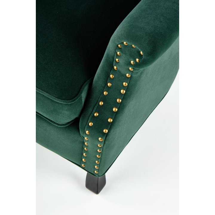 Fotel do salonu klasyczny, kolor ciemny zielony, tkanina velvet, nóżki drewniane czarne