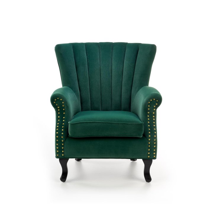 Fotel do salonu klasyczny, kolor ciemny zielony, tkanina velvet, nóżki drewniane czarne