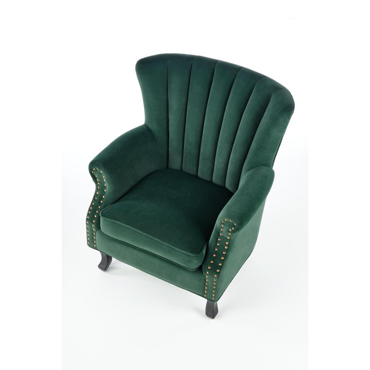 Fotel do salonu klasyczny, kolor ciemny zielony, tkanina velvet, nóżki drewniane czarne