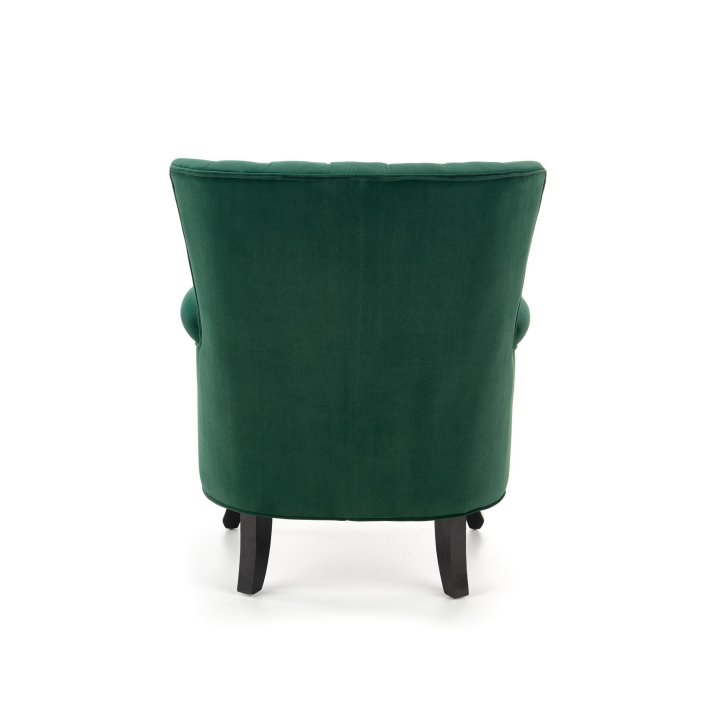 Fotel do salonu klasyczny, kolor ciemny zielony, tkanina velvet, nóżki drewniane czarne