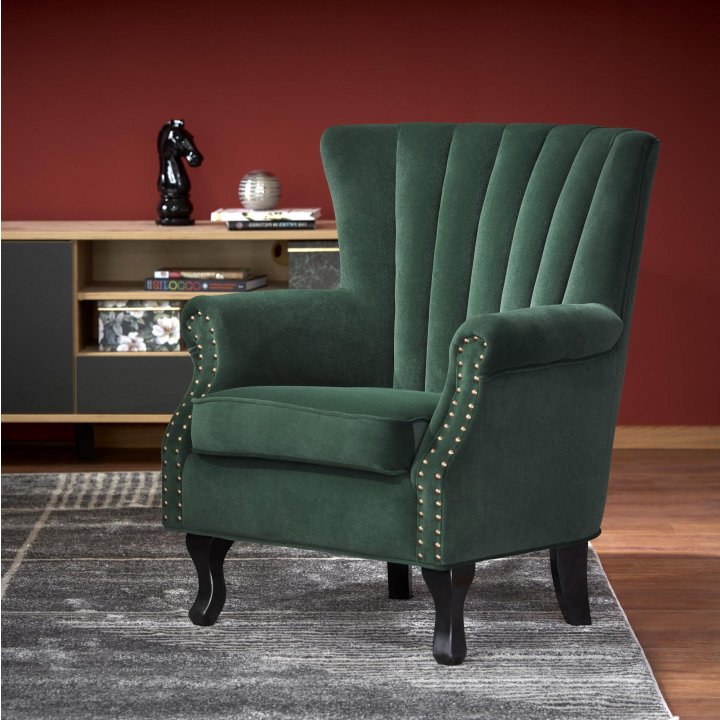 Fotel do salonu klasyczny, kolor ciemny zielony, tkanina velvet, nóżki drewniane czarne