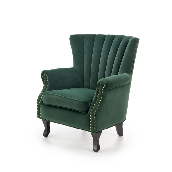 Fotel do salonu klasyczny, kolor ciemny zielony, tkanina velvet, nóżki drewniane czarne