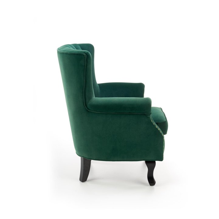 Fotel do salonu klasyczny, kolor ciemny zielony, tkanina velvet, nóżki drewniane czarne