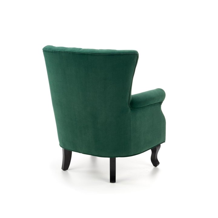 Fotel do salonu klasyczny, kolor ciemny zielony, tkanina velvet, nóżki drewniane czarne