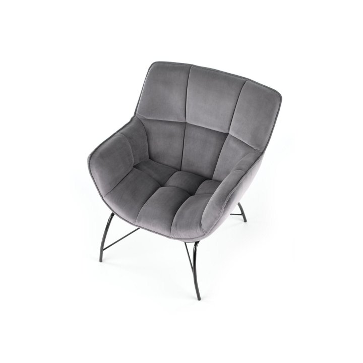 Fotel do salonu, nowoczesny, popielaty, na czarnych metalowych nogach, tkanina velvet