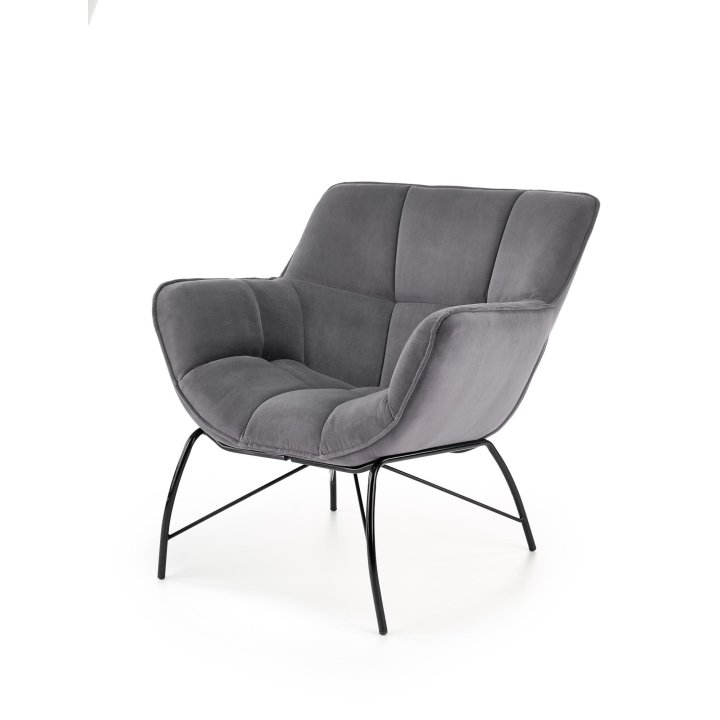 Fotel do salonu, nowoczesny, popielaty, na czarnych metalowych nogach, tkanina velvet