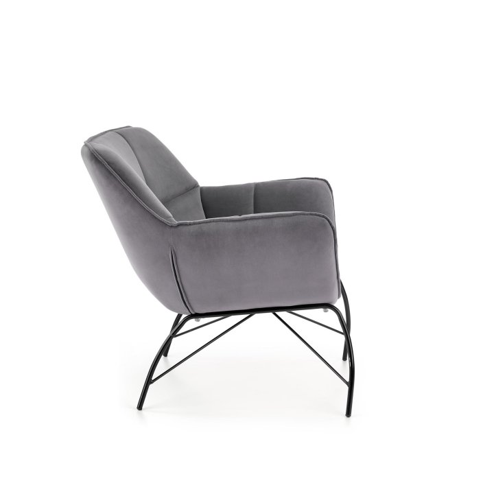 Fotel do salonu, nowoczesny, popielaty, na czarnych metalowych nogach, tkanina velvet