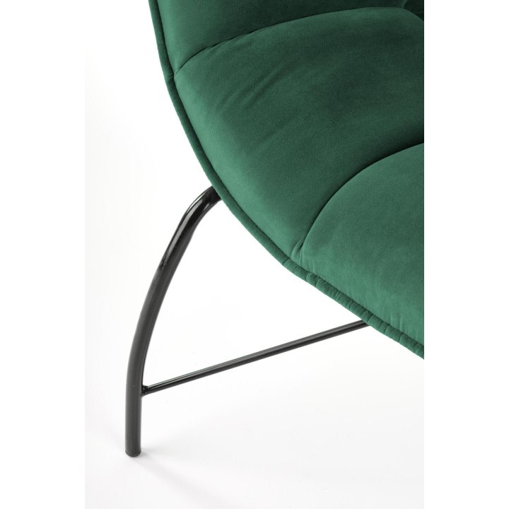 Fotel do salonu, nowoczesny, ciemny zielony, na czarnych metalowych nogach, tkanina velvet