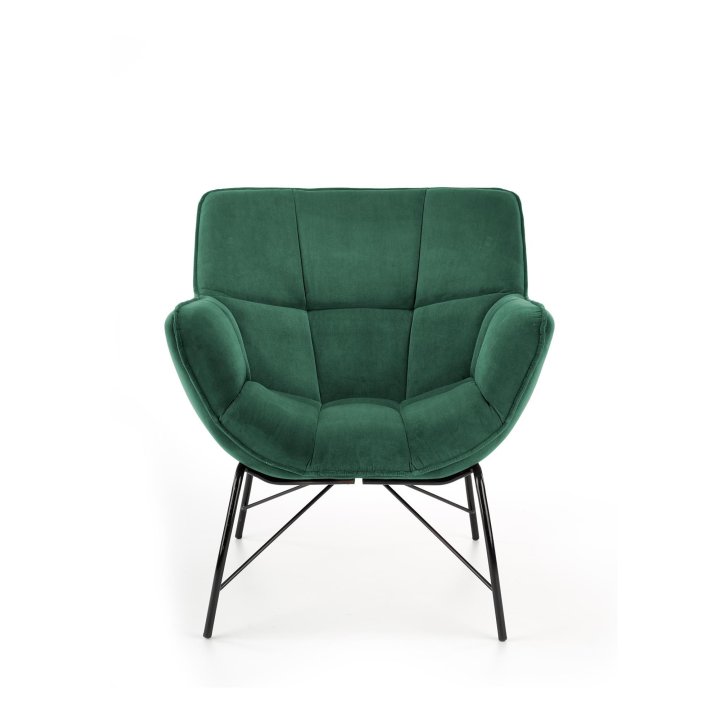 Fotel do salonu, nowoczesny, ciemny zielony, na czarnych metalowych nogach, tkanina velvet