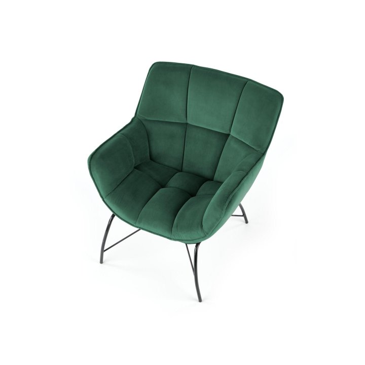 Fotel do salonu, nowoczesny, ciemny zielony, na czarnych metalowych nogach, tkanina velvet