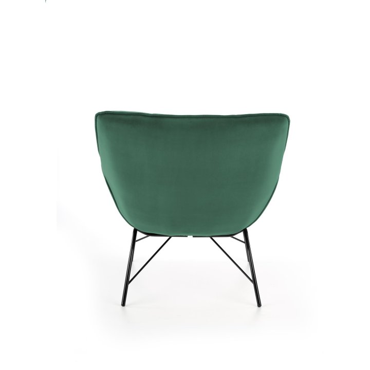 Fotel do salonu, nowoczesny, ciemny zielony, na czarnych metalowych nogach, tkanina velvet