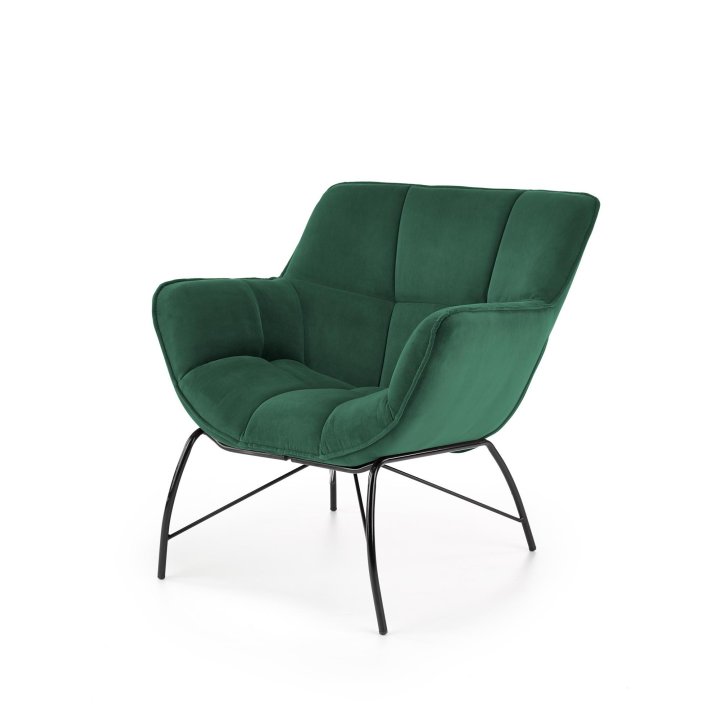 Fotel do salonu, nowoczesny, ciemny zielony, na czarnych metalowych nogach, tkanina velvet